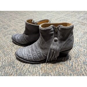 Stetson Grey Suede Crocodile Embossed Leather Fringe Western Ankle Boots 12 21